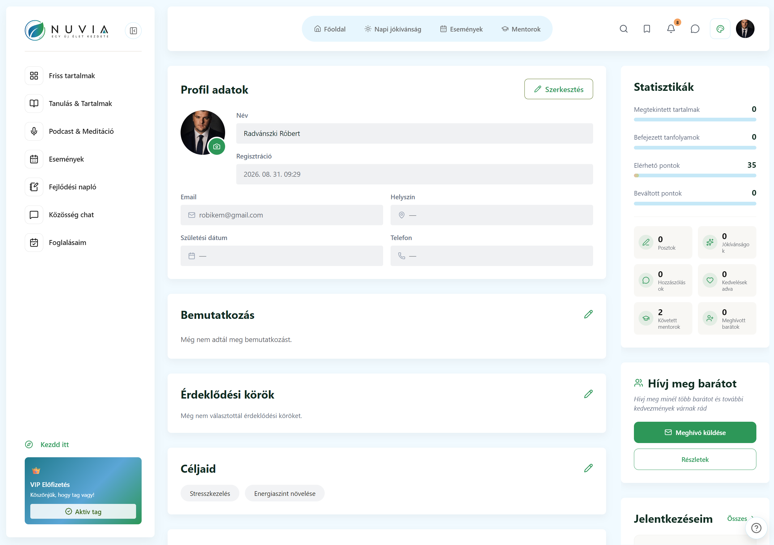A Nuviaworld platform – Saját profil
