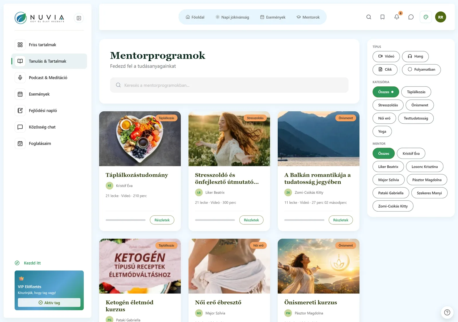 Mentorprogramok listája a NUVIA-n: kurzusok leckeszámmal és a hozzájuk tartozó mentorral